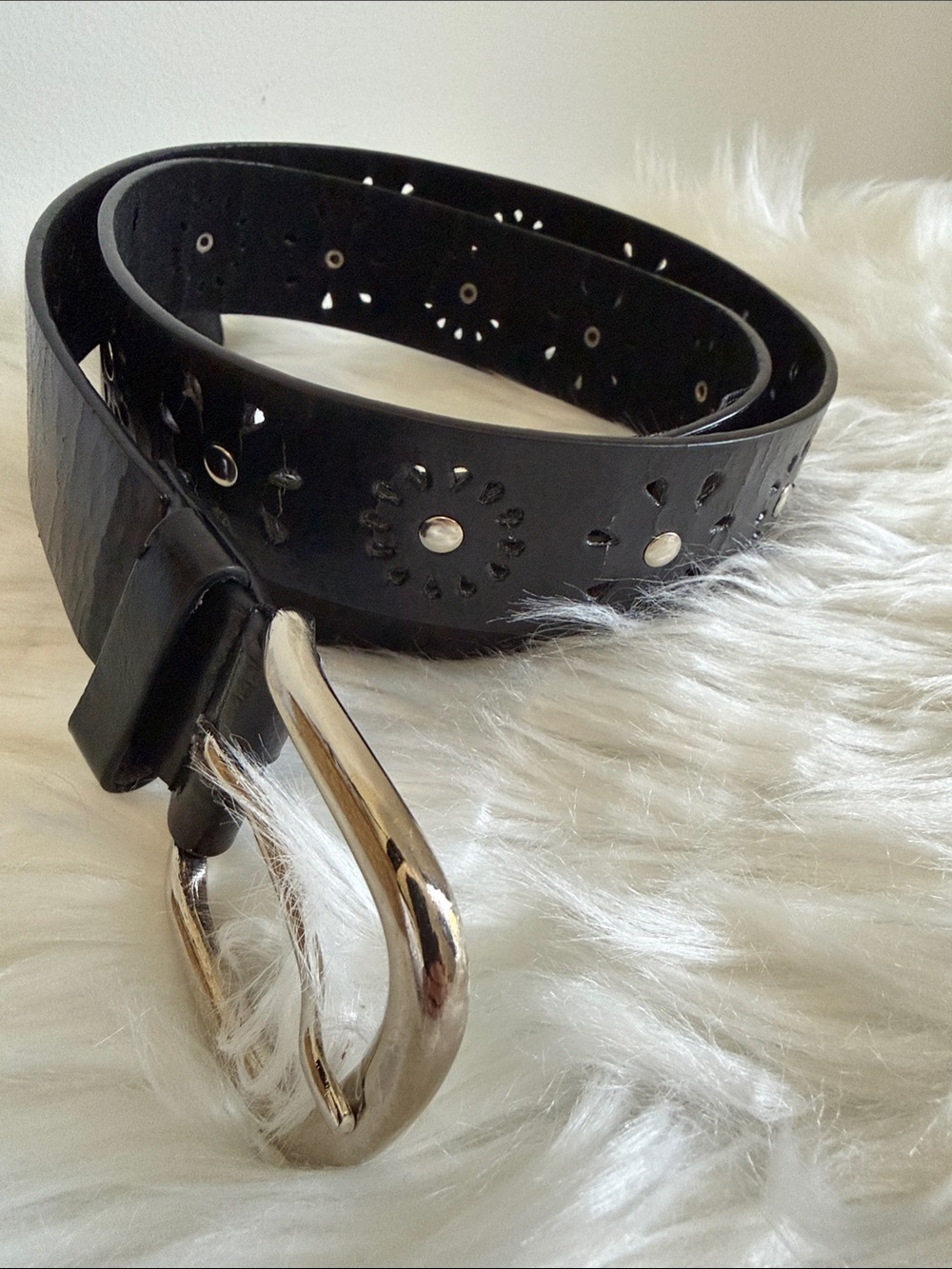 Black Laser-Cut Vegan Leather Belt with Silver Buckle